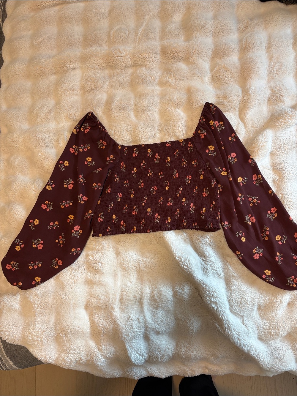Love Tree Burgundy Floral Smocked Crop Top
